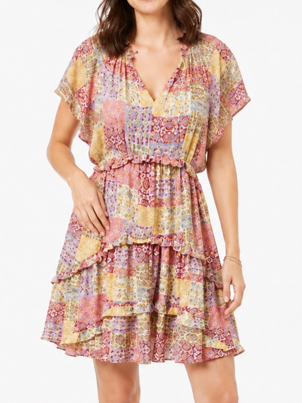Anthropologie NEW Robin Tiered Boho Patchwork Ruffle Mini Dress Size M Summer